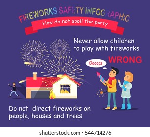 Fireworks safety vector infographic. How do not spoil the party. Improper usage of pyrotechnics. Illustration of children playing, wrong using of rocket and man getting away from burning house.