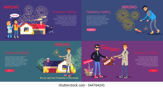 Fireworks safety. Web banner of wrong acting with pyrotechnics and danger during buying counterfeit. Vector set of children using rocket incorrectly, man picking up blazing harmful firecracker