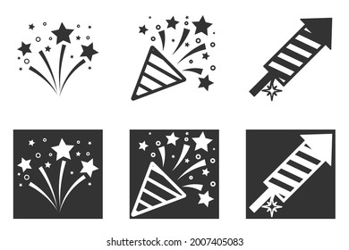 Fireworks salute line icons. Carnival celebration, Christmas explosive pyrotechnics and holiday lights. Rocket flash, pyrotechnic effects, Christmas fireworks. Vector illustration