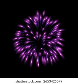 Fogos de artifício saudar com faíscas brilhantes rosa. Brilhantes explosões lilases de fogos de artifício. Fogo pirotécnico no foguete. Explosão de saudação de fogos de artifício festivos. Celebração de férias, projeto de vetor cintilante de carnaval