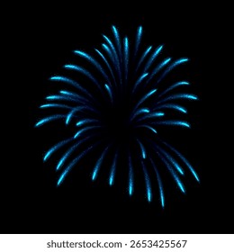 Fireworks salute with shining sparks. Bright blue explosions of fireworks. Pyrotechnic rocket fire. Festive firecracker salute burst. Holiday celebration, carnival sparkling vector design