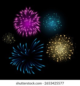 Fogos de artifício saudam com faíscas brilhantes. Brilhante explosões pirotécnicas cintilantes coloridas. Explosão de fogos de artifício festivos. Carnaval festivo espumante, comemoração de feriado vetor design em fundo preto