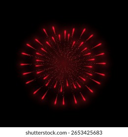Fireworks salute with shining sparks. Bright red explosions of fireworks. Pyrotechnic rocket fire. Festive firecracker salute burst. Holiday celebration, carnival sparkling vector design