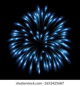Fogos de artifício saudam com faíscas brilhantes. Explosões de fogos de artifício com azul brilhante. Cintilação carnavalesca realista. Fogo pirotécnico no foguete. Explosão de fogos de artifício festivos. Design vetorial de celebração de feriado