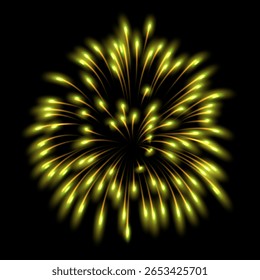 Fogos de artifício saudam com faíscas brilhantes. Explosão brilhante dourada e verde. Fogo pirotécnico no foguete. Explosão de saudação de fogos de artifício festivos. Carnaval espumante. Design vetorial de celebração de feriado