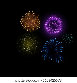 Fogos de artifício saudam com faíscas brilhantes. Explosão de saudação de fogos de artifício festivos. Carnaval festivo espumante, comemoração feriado projeto vetorial. Brilhante explosões pirotécnicas cintilantes coloridas