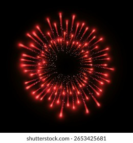 Fireworks salute with shining sparks. Realistic bright red explosions of fireworks. Festive firecracker burst. Holiday celebration, carnival sparkling vector design. Pyrotechnic rocket fire