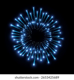 Fireworks salute with shining sparks. Realistic bright blue explosions of fireworks. Pyrotechnic rocket fire. Festive firecracker salute burst. Holiday celebration, carnival sparkling vector design
