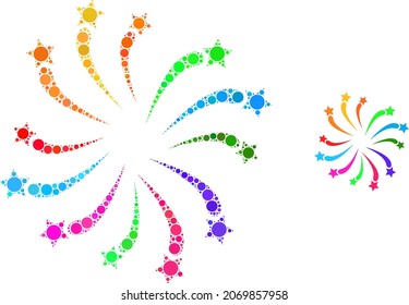 Fireworks salute vector composition of round dots in variable sizes and color hues. Round dots are combined into fireworks salute vector illustration. Abstract vector illustration.
