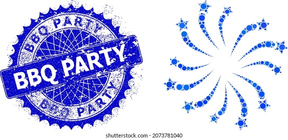 Fireworks salute vector mosaic of round dots in various sizes and blue color tones, and distress BBQ Party stamp seal. Blue round sharp rosette stamp seal includes BBQ Party tag inside it.