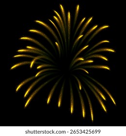 Fireworks salute with yellow shining sparks. Realistic bright explosions of fireworks. Pyrotechnic rocket fire. Festive firecracker salute burst. Holiday celebration, carnival sparkling vector design