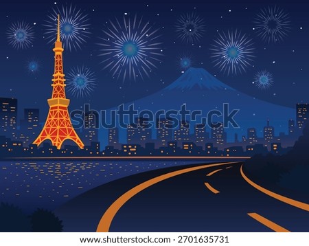 Fireworks scene, Tokyo Tower, Mount Fuji, city and night lights of Japan, illustration background poster design 