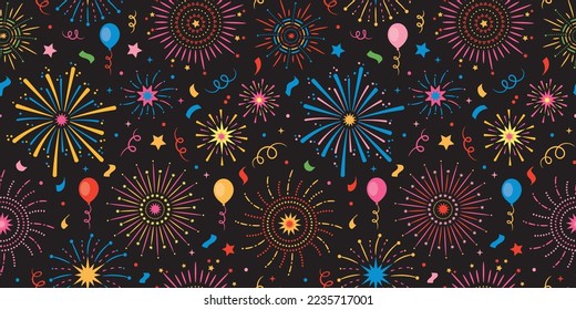 Fireworks seamless background for celebrations, festivals, party, new year, invitation. Festive, fun, colourful wallpaper with balloons, stars and confetti