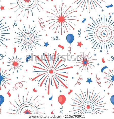 Fireworks seamless background in red, white and blue for fourth July. Festive, fun, colourful wallpaper with balloons, stars and confetti