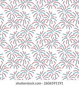 Fireworks seamless background of stars, sparklers and confetti in red and blue colors. Fourth of July Independence day of America festive wallpaper. Patriotic American holiday. Vector illustration.