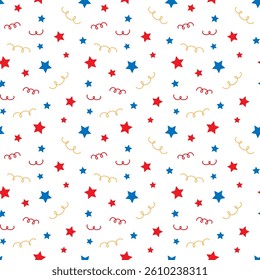 Fireworks seamless background of stars, sparklers and confetti in red and blue colors. Fourth of July Independence day of America festive wallpaper. Patriotic American holiday. Vector illustration.
