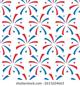 Fireworks seamless background of stars, sparklers and confetti in red and blue colors. Fourth of July Independence day of America festive wallpaper. Patriotic American holiday. Vector illustration.