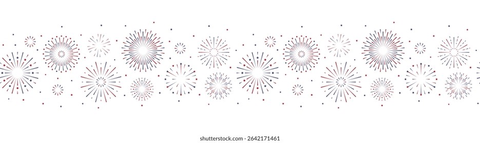 Fireworks seamless border. Fourth of July red, blue stars sparks. United states of america independence day banner. Labor Patriot background. New year birthday celebration backdrop