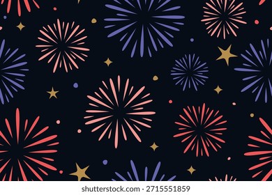 fuegos artificiales Patrón sin fisuras, fondo festivo de la celebración del cielo nocturno, perfecto para la Nueva víspera de Año, vacaciones, festivales, invitaciones de fiesta - Ilustración vectorial
