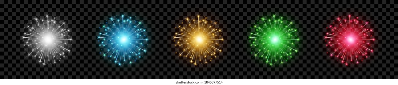 Fireworks set with brightly sparks isolated on transparent background. Colorful festive golden, blue, pink, green and white salute burst. Vector explosion light effects at night sky