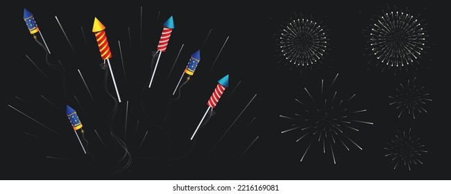 Fireworks set. Colorful firework composition images of fireworks dots in different patterns on black background vector illustration