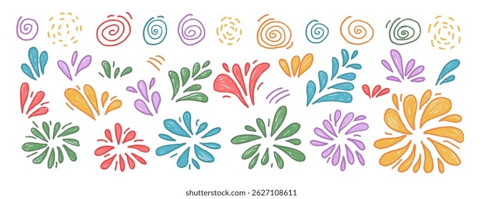 Fireworks set crayons drawn. Multicolored firecrackers and sprinkles in doodle style on white background. Vector carnival decoration.