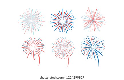 Fireworks set, design element for holidays, celebration party, anniversary or festival vector Illustration on a white background