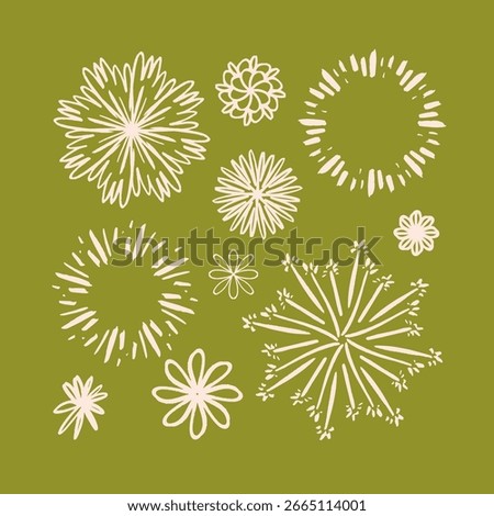 Fireworks set doodle vector illustration. Simple drawing of bright festive lights on a green background. Stylized illustration of sparklers for the new year. Shine, explosion in sketch style