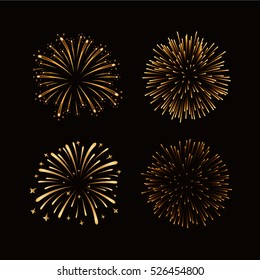 Fireworks Set Gold Isolated. Beautiful Golden Fireworks On Black Background. Bright Decoration Christmas Card, Happy New Year Celebration, Anniversary, Festival. Flat Design Vector Illustration