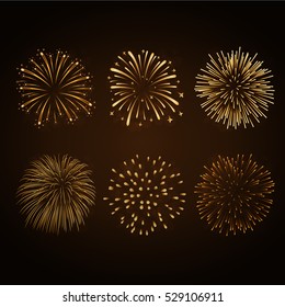 Fireworks Set Gold Isolated. Beautiful Golden Fireworks On Black Background. Bright Decoration Christmas Card, Happy New Year Celebration, Anniversary, Festival. Flat Design Vector Illustration