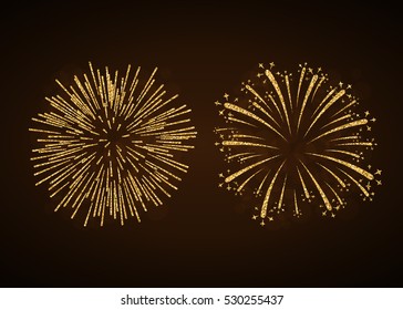 Fireworks set gold isolated. Beautiful golden fireworks on black background. Bright decoration Christmas card, Happy New Year celebration, anniversary, festival. Flat design Vector illustration