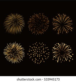 Fireworks set gold isolated. Beautiful golden fireworks on black background. Bright decoration Christmas card, Happy New Year celebration, anniversary, festival. Flat design Vector illustration