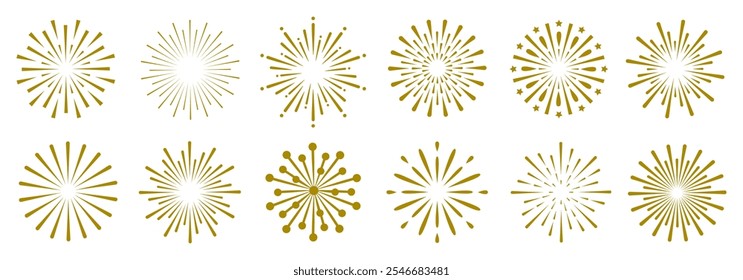 Fireworks set, gold fireworks with lines and sparkles, firework collection