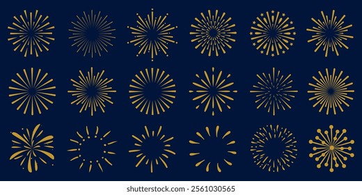 Fireworks set, gold fireworks with lines and sparkles, firework collection - vector