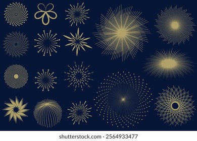 Fireworks set, gold fireworks with lines and sparkles, firework collection vector