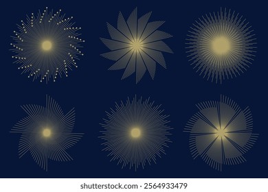 Fireworks set, gold fireworks with lines and sparkles, firework collection vector