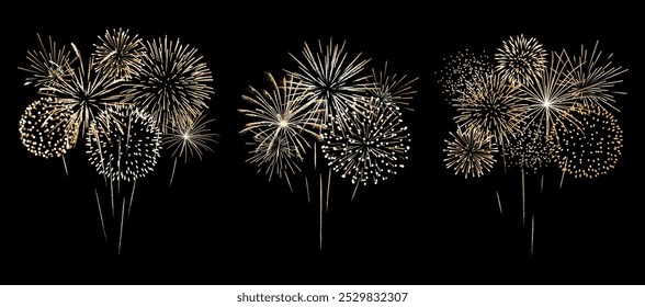 Fireworks set, gold realistic vector fireworks display