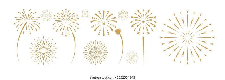 Fireworks, set of fireworks icons, abstract fireworks symbols, gold fireworks for celebration, winner, new year party, anniversary holiday posters, and banner designs. sparkle Star icon, sunburst.