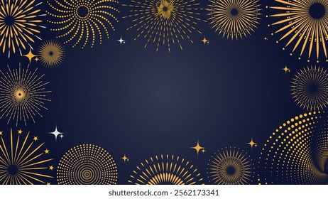 Fireworks set of icons, Festive navy blue background adorned with golden fireworks and sparkling starbursts, ideal for celebrations or New Year's events, anniversary poster or banner design Vector.