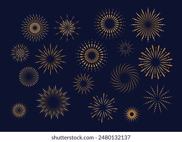 Conjunto de iconos, símbolos de Fireworks. Celebración, ganadora, fiesta de Nuevo año, cartel de aniversario y diseño de Anuncio. Fondo abstracto del año nuevo chino. Ilustración vectorial