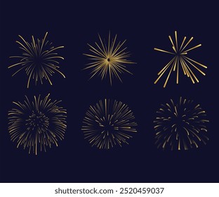 Fireworks set of icons, symbols. Celebration, winner, New year party, anniversary poster and banner design. Chinese new year abstract background. Vector illustration, Fireworks Fourth of July.