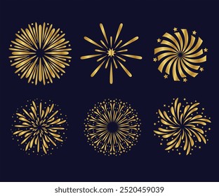 Fireworks set of icons, symbols. Celebration, winner, New year party, anniversary poster and banner design. Chinese new year abstract background. Vector illustration, Fireworks Fourth of July.