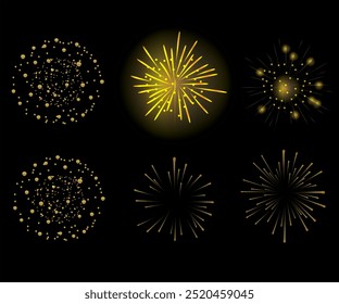 Fireworks set of icons, symbols. Celebration, winner, New year party, anniversary poster and banner design. Chinese new year abstract background. Vector illustration, Fireworks Fourth of July.