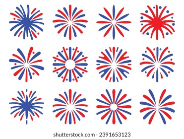 Fireworks set for independence day USA, Holiday and party firework, United States of America, vector illustration isolated on white background