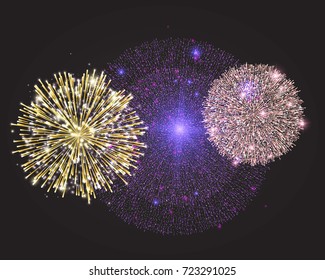 Fireworks set isolated on black background, vector illustration. Festive celebration backdrop. Golden, pink, purple explosion light, sparkles, stardust. 