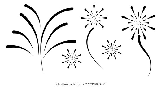 Conjunto de fuegos artificiales aislado sobre un fondo transparente oscuro. еElementos de fuegos artificiales dibujados a mano para un Anuncio, póster o tarjeta de vacaciones. Símbolo de la celebración del 4 de julio, Anuncios del elemento de diseño del Día de la Independencia