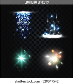 Fireworks Set of lighting isolated effect. Sparks of fire. Sparks natural realistic light effect. Magic bright, Shining patches. bright glowing sparks of fire. vector illustration
