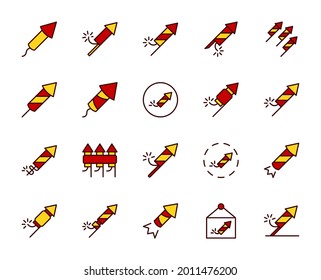 Fireworks set line icons in flat design with elements for web site design and mobile apps.  Collection modern infographic logo and symbol. Holidays vector line pictogram