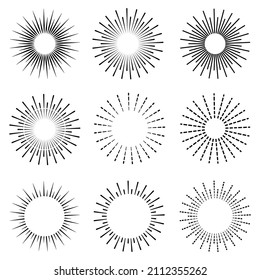 Fireworks set in line style. Big collection sunburst best quality. Web banner. Vector Illustration. Star, firework explosion, logo, emblem, tag. Happy new year shiny symbol. Outline birthday elements
