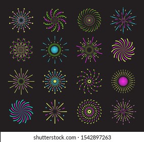 Fireworks set on black background. Colorful spiral firecracker icons with sparkles, stars. Trendy pyrotechnics flat  vector for banner, flyer, website.